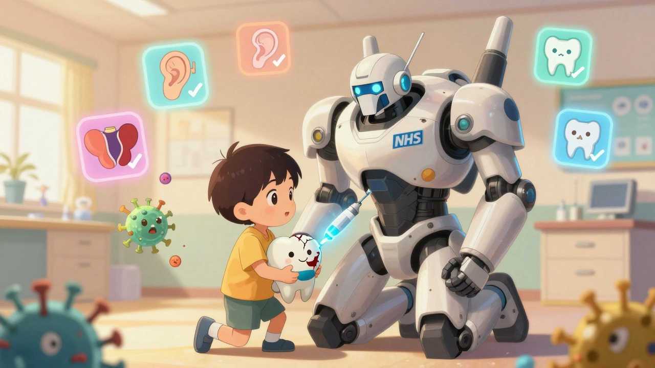 A child holds a pill-shaped robot pet as a medical mecha treats an infected tooth in a warm clinic.