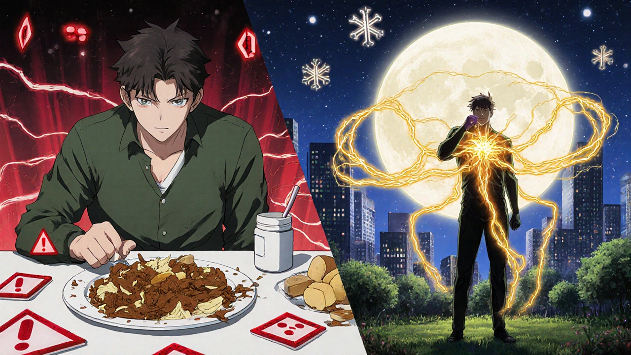 A man contrasts hesitation at dinner with confidence under moonlight, showing Avana&#039;s fast onset.