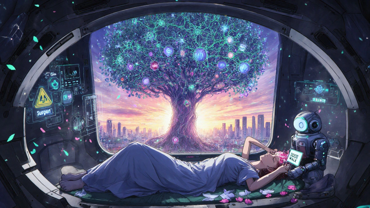 A patient in a healing pod with neural holograms and a robot reminding them to walk, as hope petals float around them.