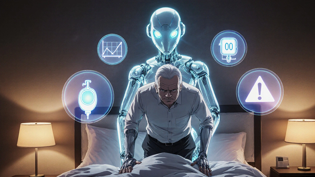Elderly man aided by a robotic guardian as he stands safely, with holographic health icons nearby.