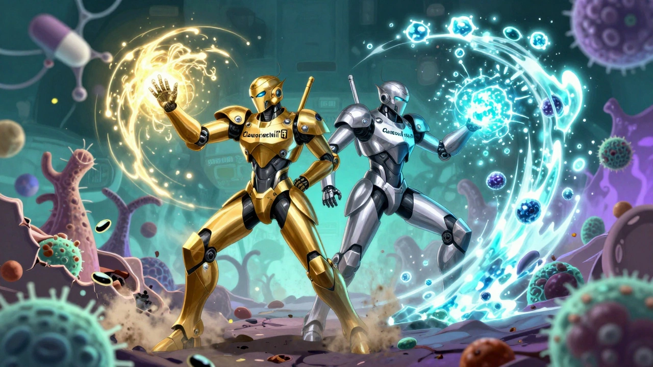 Two biomechanical soldiers fight bacteria in a molecular battlefield, one disabling enzymes, the other destroying cells.