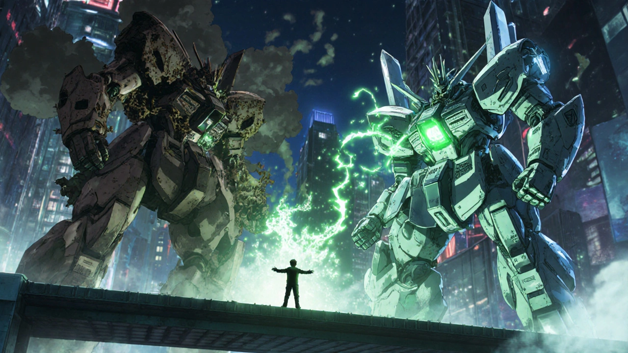 Two rival mecha figures symbolizing HIV drugs, one toxic and one clean, with a person choosing the healthier option.