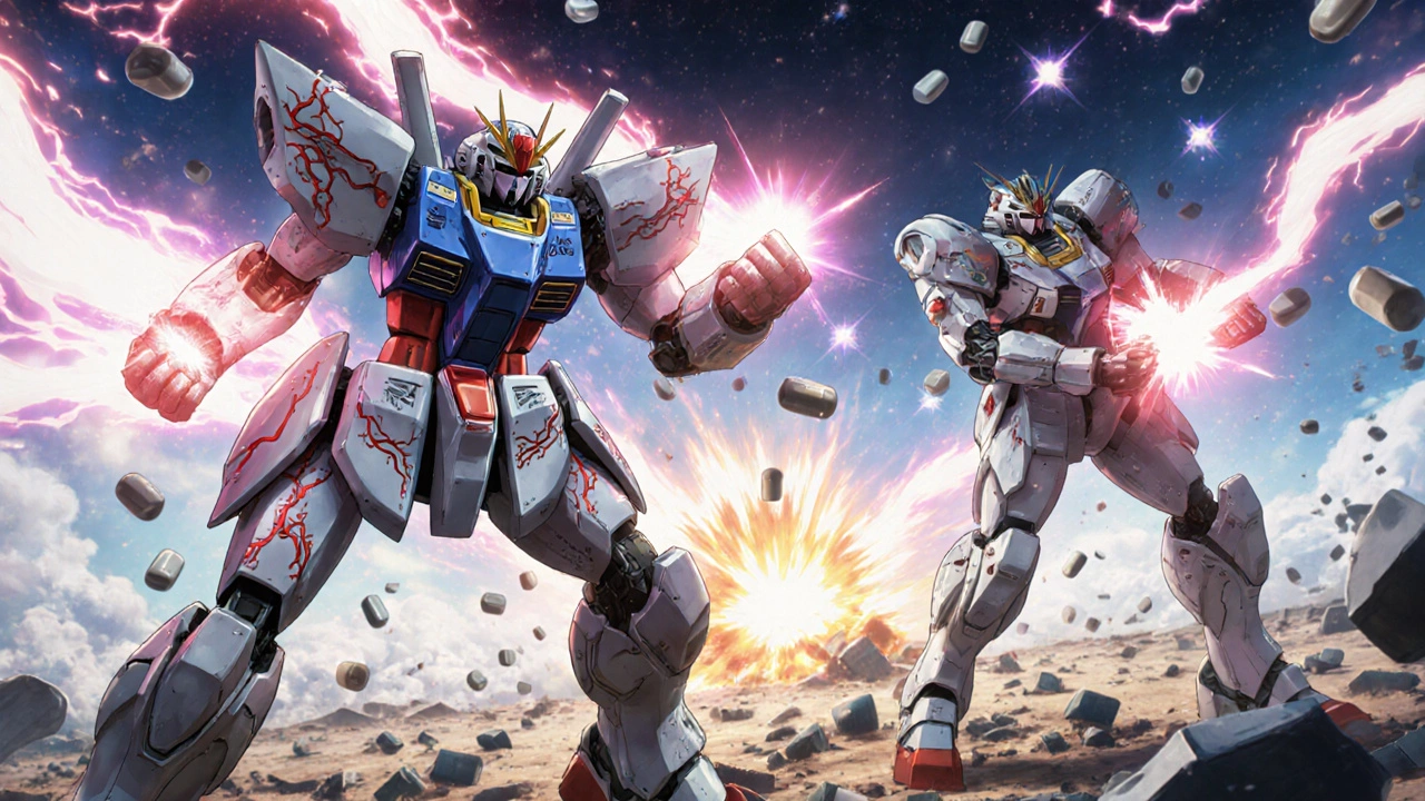 Two robotic warriors representing Hytrin and Tamsulosin in a symbolic medical battlefield.