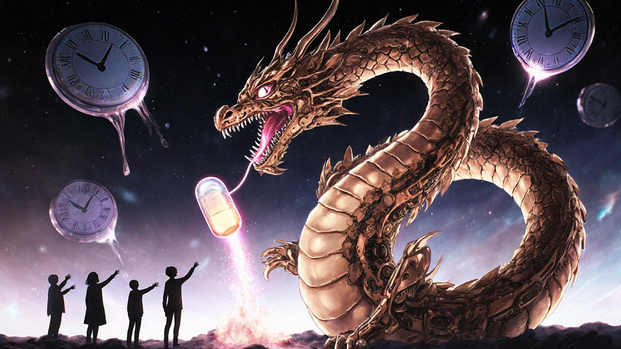 A copper IUD shaped like a mechanical dragon protects the uterus while a pill dissolves into mist.