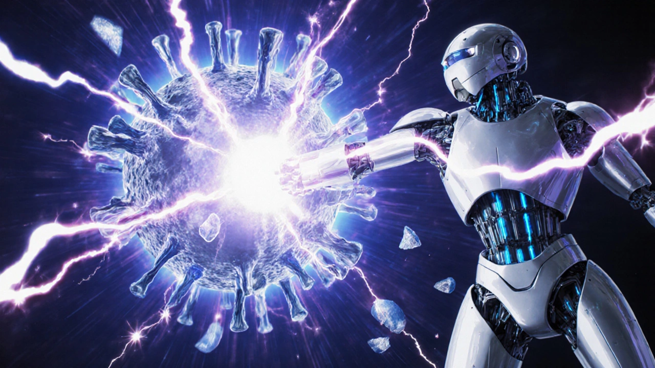 A giant virus is being targeted by a glowing nanobot that inserts a shard into its DNA strand.