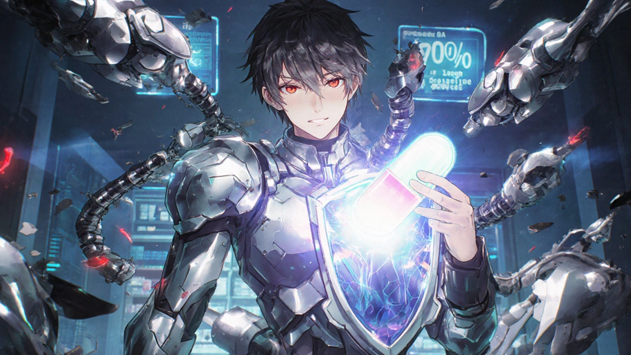 A person holds a capsule that transforms into a shield repelling sperm-like drones in a futuristic pharmacy.