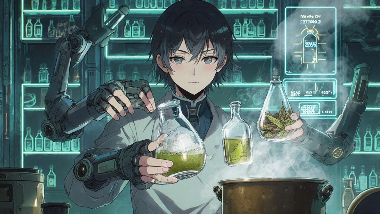 A young alchemist uses a multi‑armed mech to create neem face wash, spot treatment, and rinse.