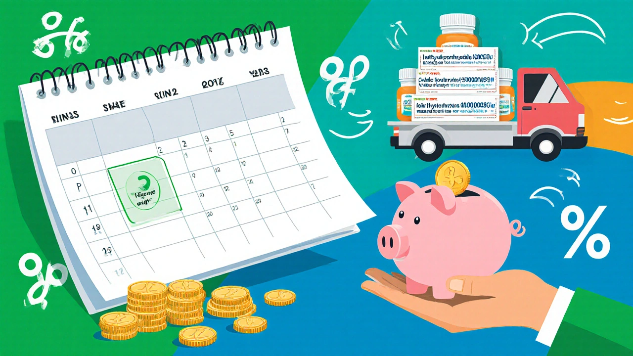 Calendar reminder, discount symbols, levothyroxine bottles, and a piggy bank illustrating medication savings.