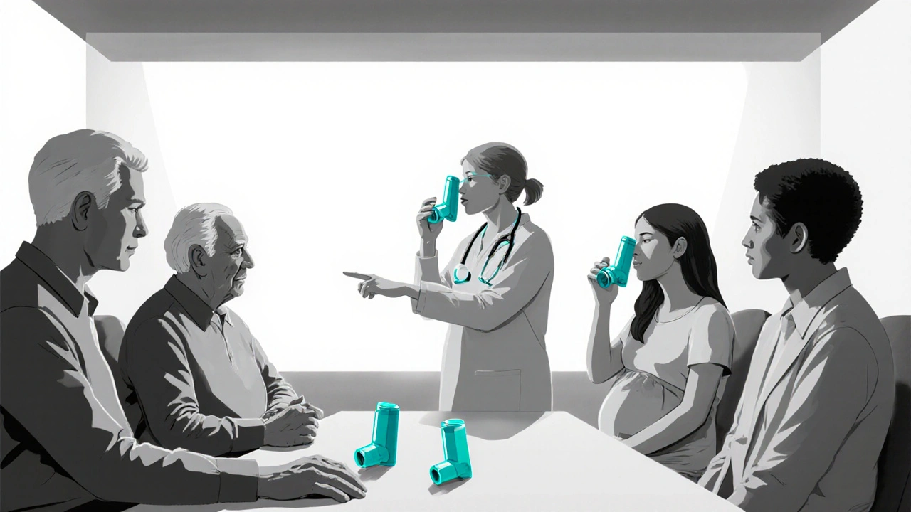 Clinician teaching proper inhaler technique to a diverse patient group.