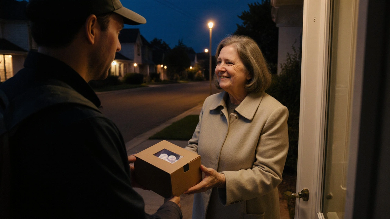 Delivery driver gives a medication box with child‑proof cap to a customer.