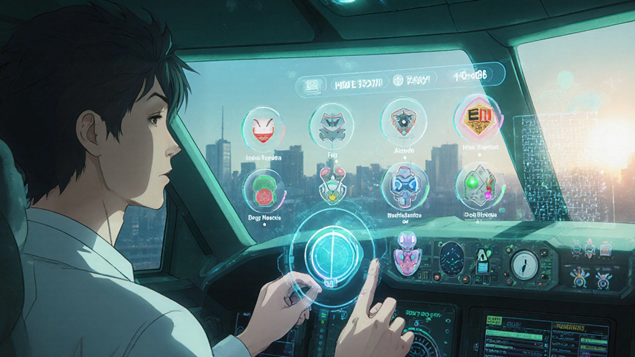Doctor piloting a cockpit mecha surrounded by holographic charts comparing muscle‑relaxant options.