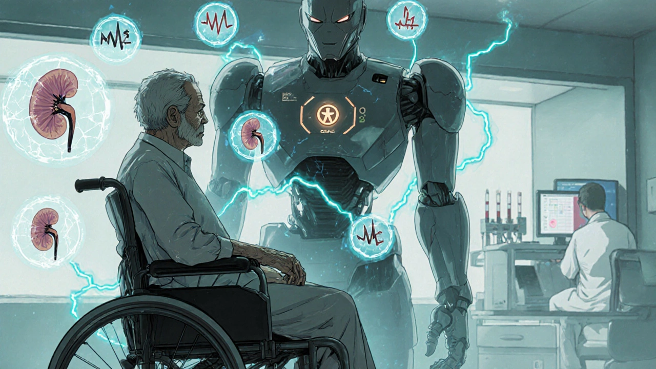 Elderly patient protected by a robotic guardian with medical icons cracking around them, data streams glowing in the air.