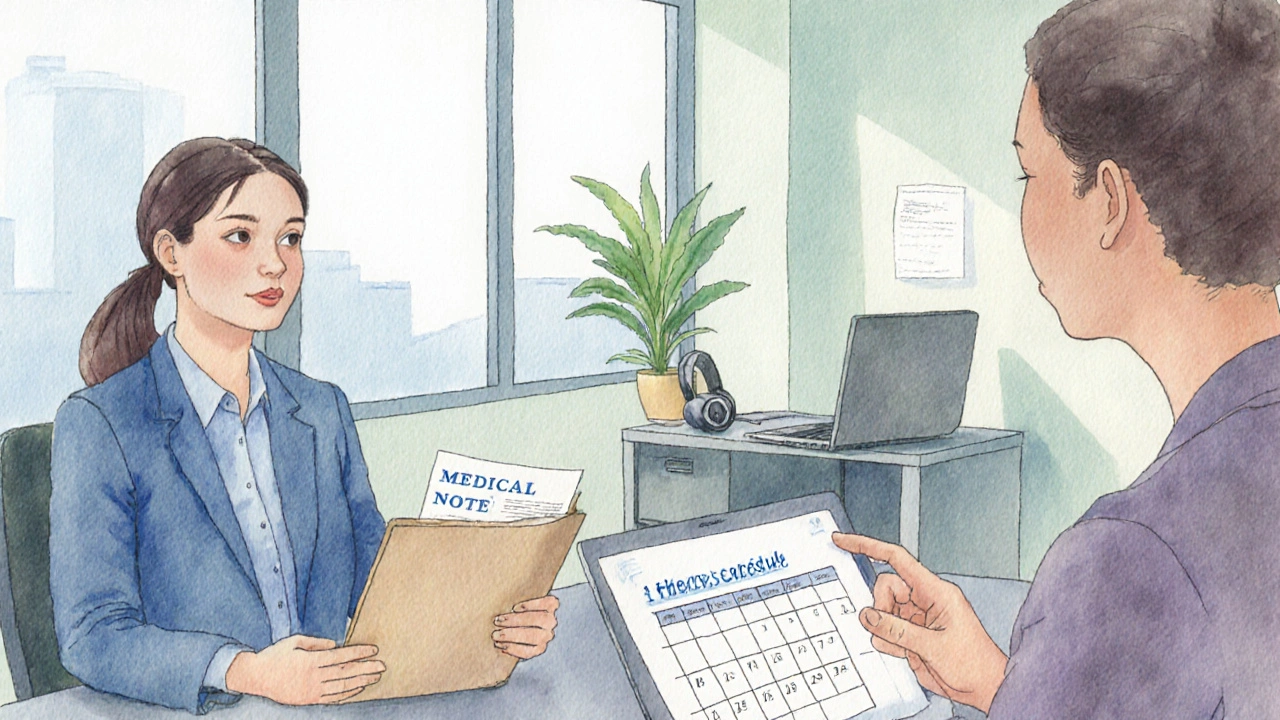 Employee discussing accommodations with HR in a calm, sunlit meeting room.
