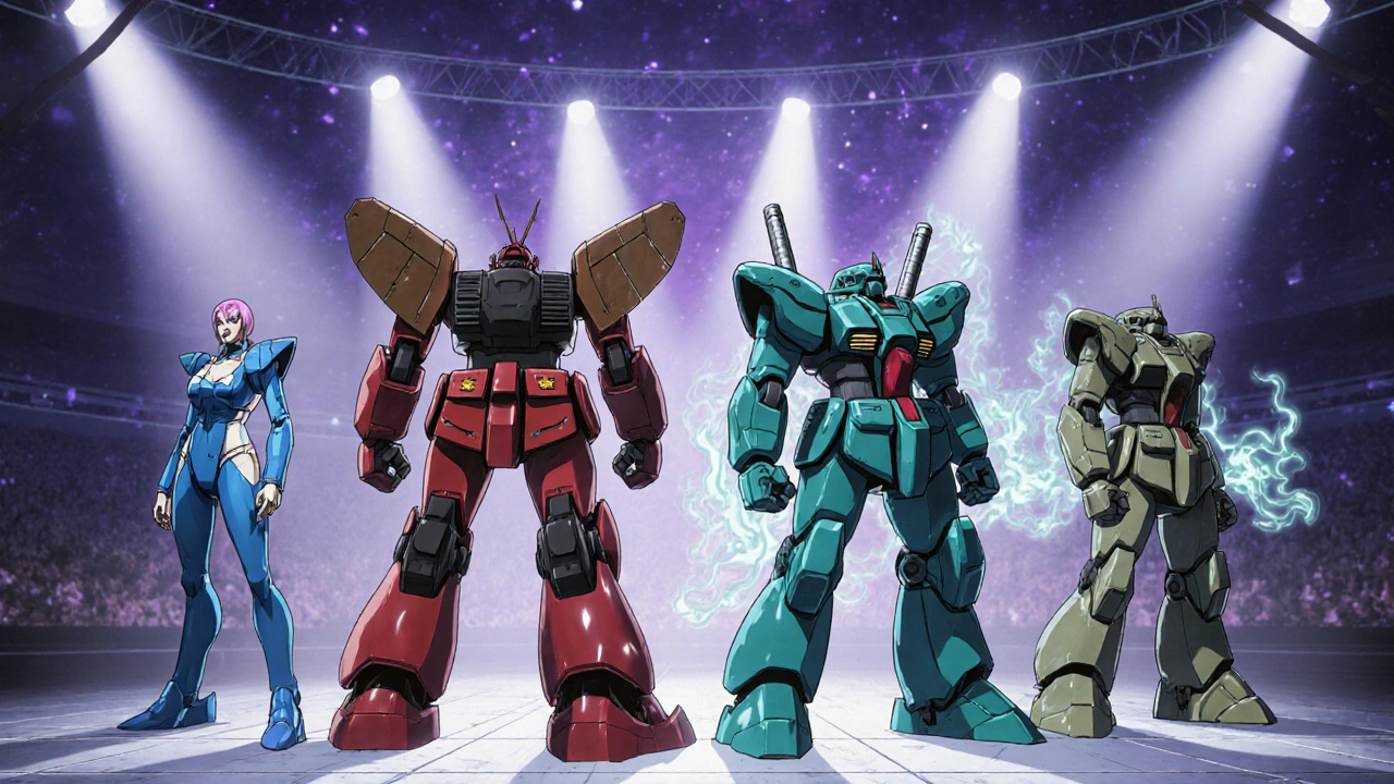 Four hormone therapy mecha—Aygestin, Levonorgestrel, MPA, Drospirenone—standing on a futuristic arena floor.