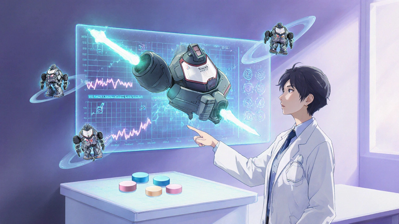 Futuristic clinic with a doctor consulting holographic charts, a hovering Avalide mecha illustrating its combined effect.