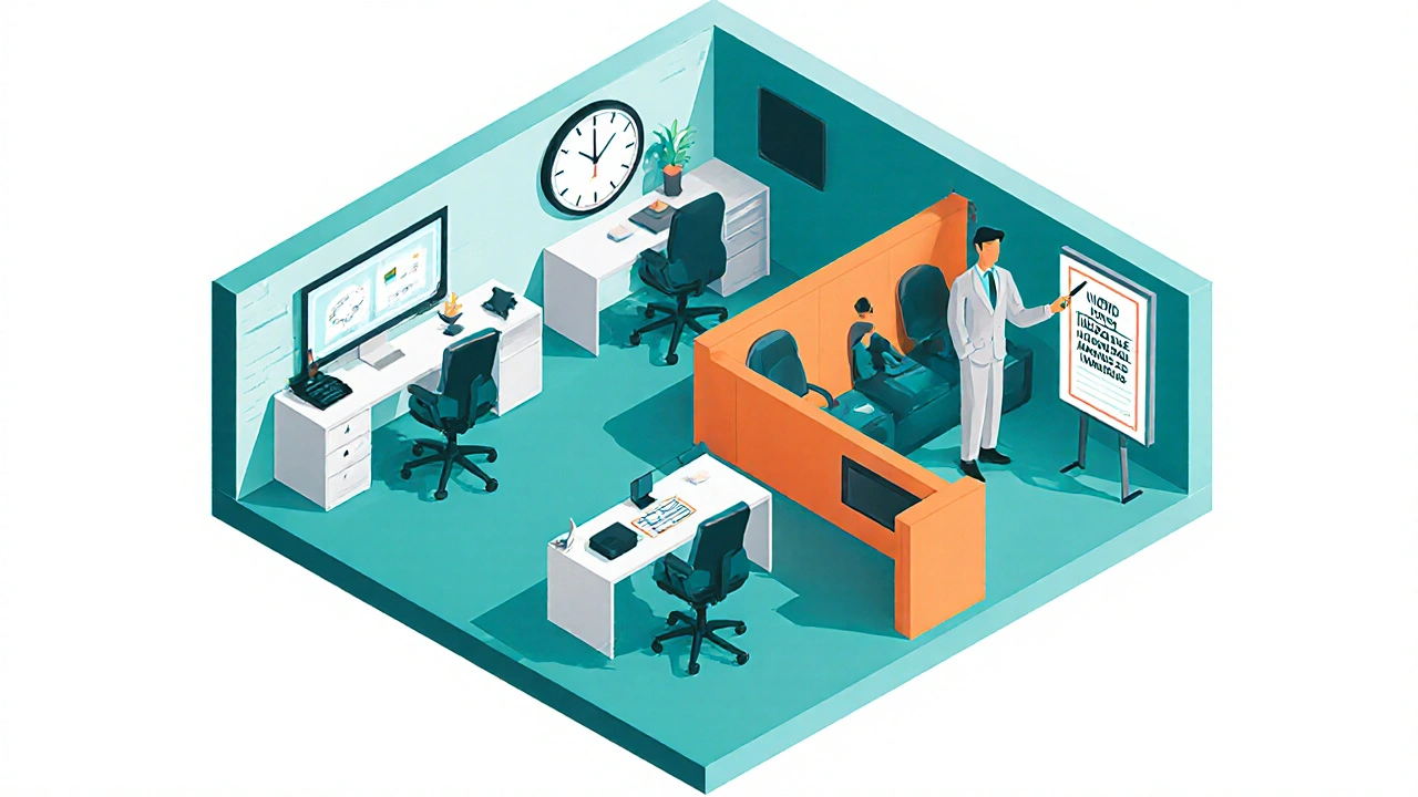 Isometric office view highlighting flexible schedules, quiet zones, and inclusive training.