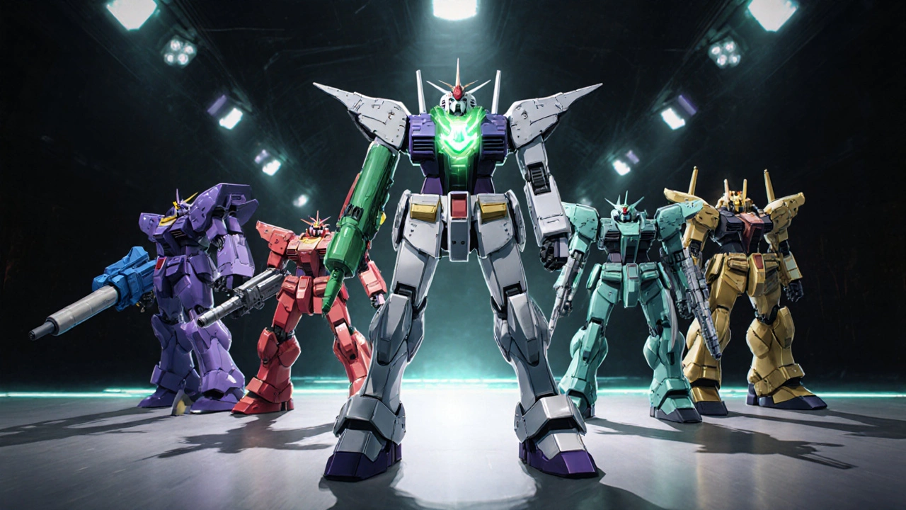 Lineup of six mecha units representing blood pressure drugs, with Avalide as a dual‑module central mecha.