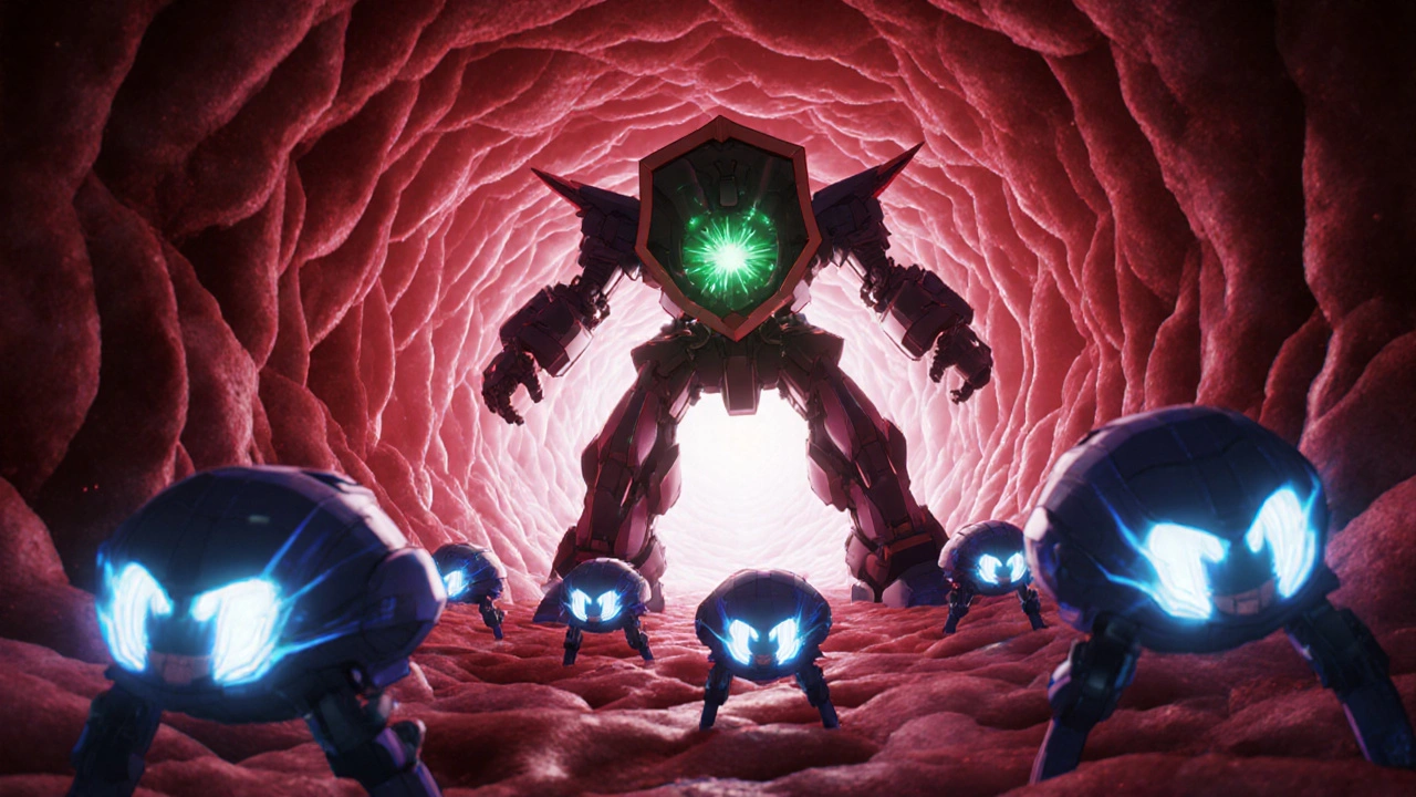 Mech representing tacrolimus blocks glowing T‑cell drones inside a neon bloodstream tunnel.