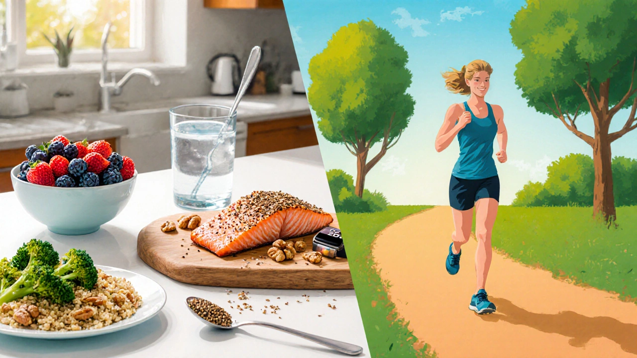 Mediterranean meal and post‑lunch walk showing anti‑inflammatory lifestyle.