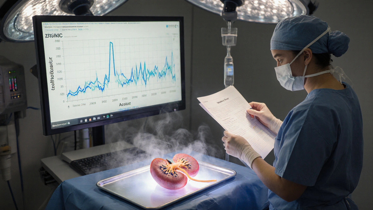 Operating room scene with surgeon, IV saline, and donor kidney under surgical lights.