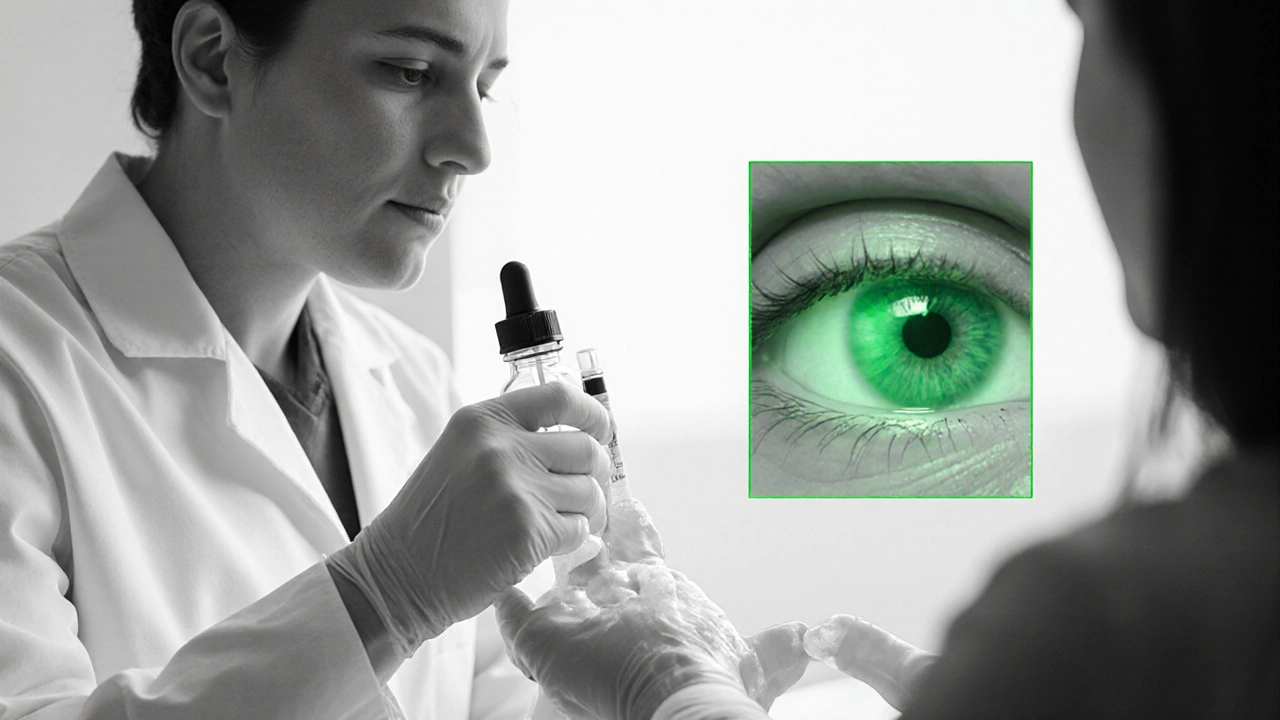 Ophthalmologist consulting a patient while demonstrating safe eye‑drop application.