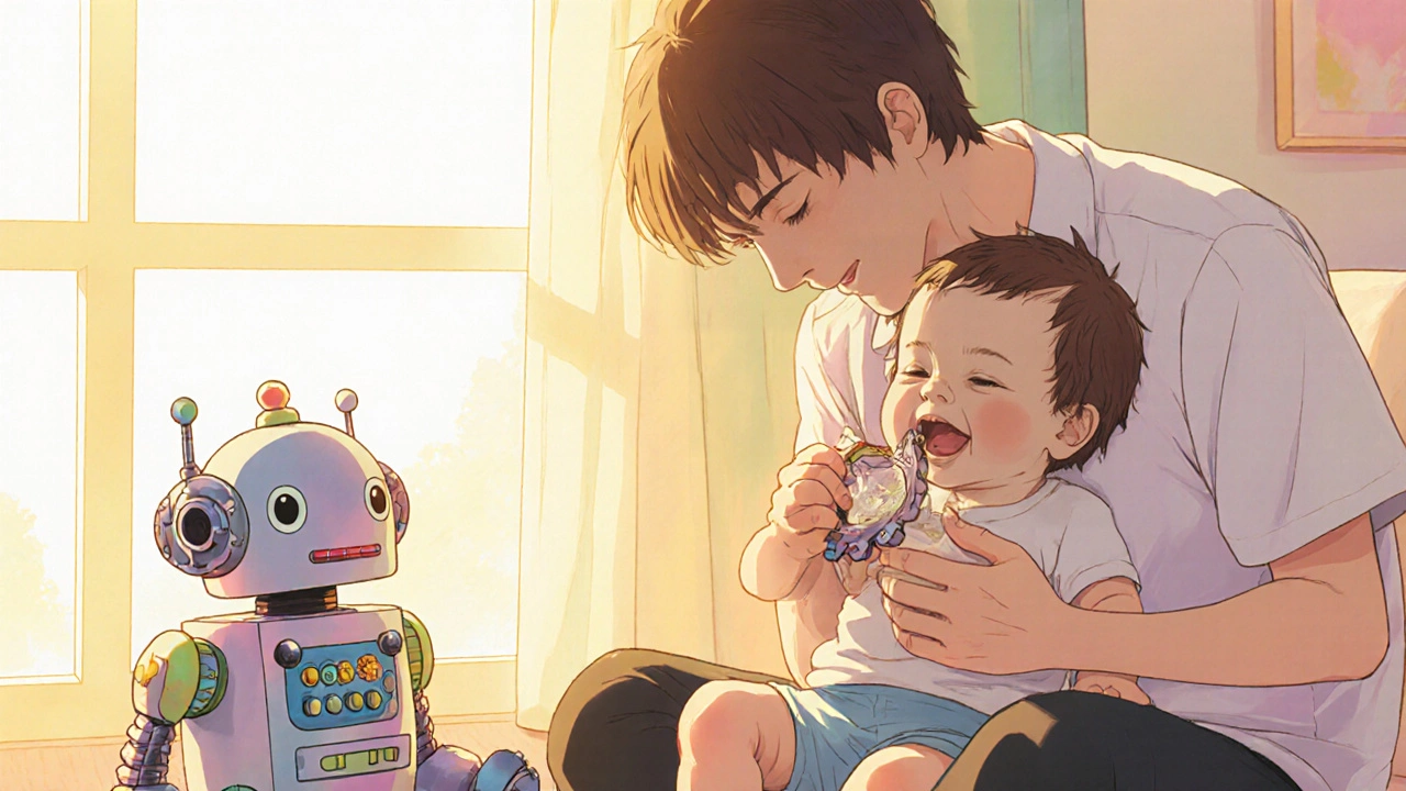Parent holds a soothing baby with a mech‑inspired teething ring and a friendly robot plush toy.