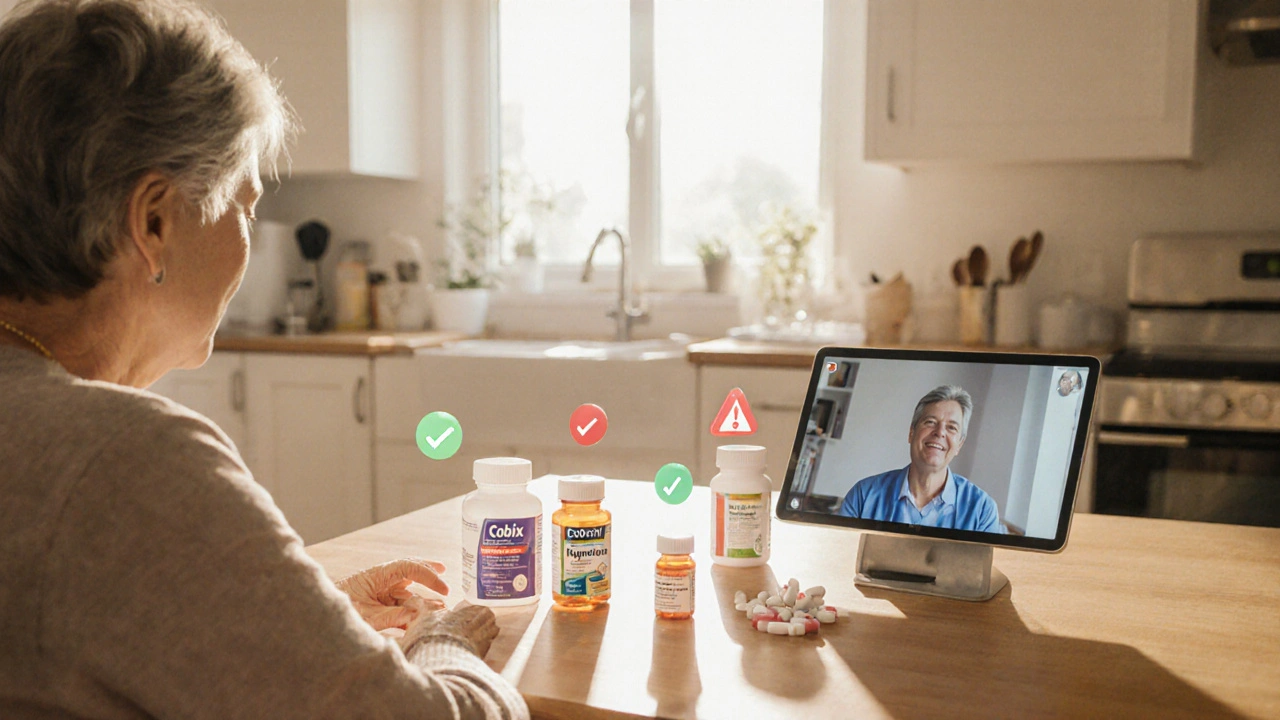 Patient and doctor discussing medication options with several pill bottles on a table.