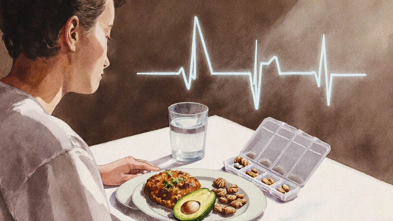 Patient at dinner table with fatty meal, pill organizer, and subtle ECG wave.