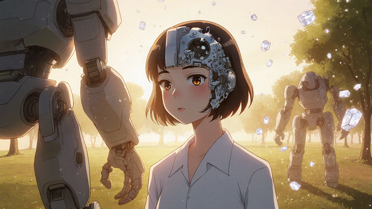 Patient walking at dawn, facial swelling fading as mechanical remnants of steroids crumble behind her.