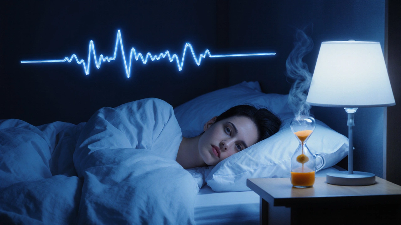 Peaceful bedroom scene with breathing, fasting hourglass, and turmeric tea.