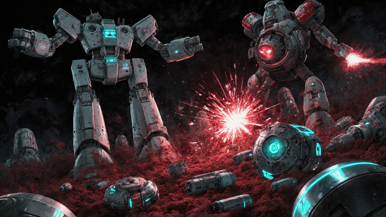 Robot components illustrate resistance: TS tower, DPD grinder, KRAS core, and efflux turbines fighting 5‑FU missiles.