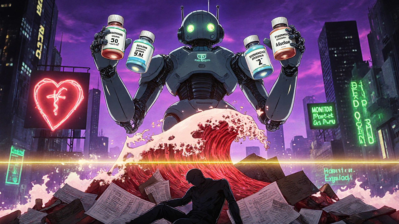 Robot pharmacy arms holding drug vials above a potassium wave split by a 5.5 mmol/L line, heart pulsing above it.