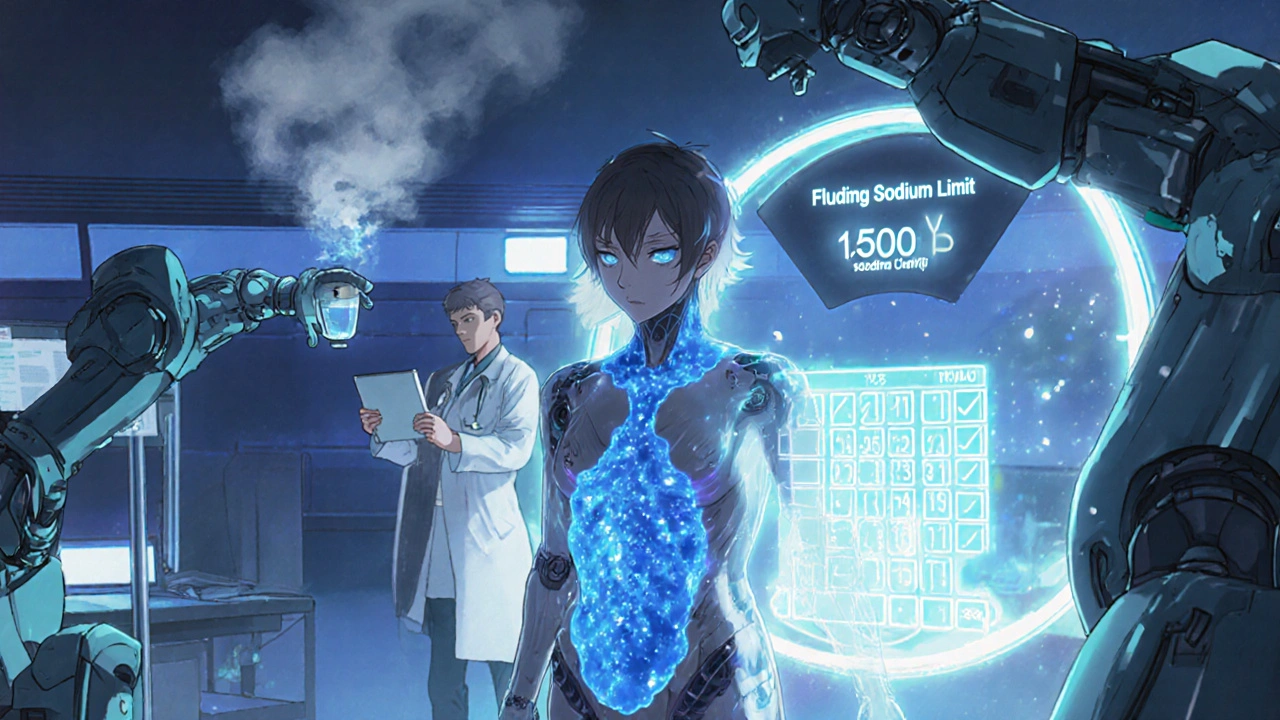 Robotic arms analyzing patient’s body with holographic sodium and fluid retention readouts in a lab.