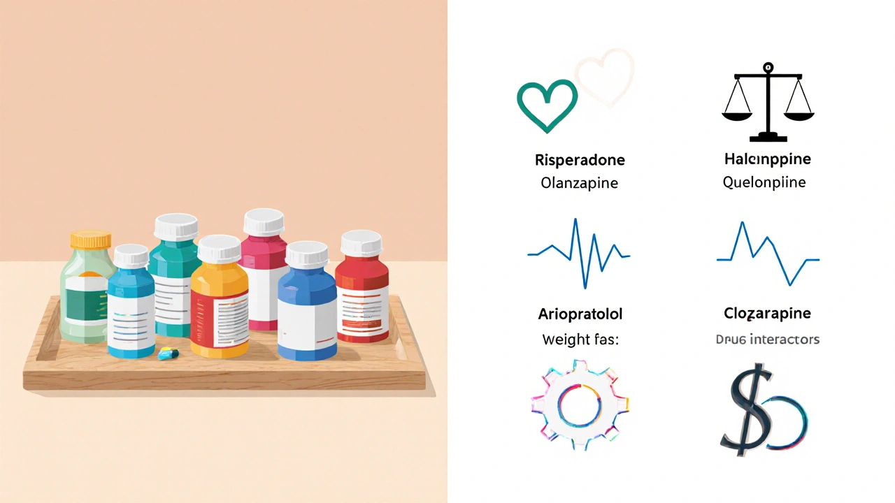 Row of different antipsychotic pill bottles with symbolic icons for side‑effects.