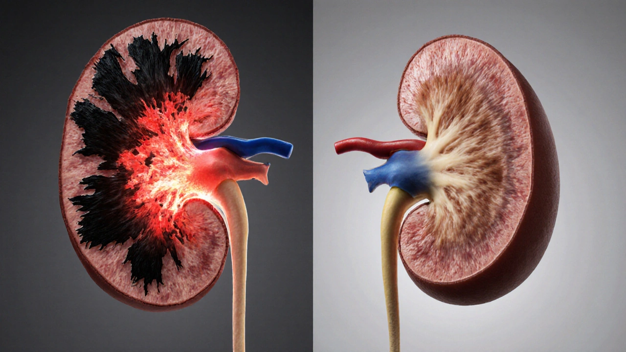 Side-by-side kidneys showing acute necrosis versus chronic inflammation.
