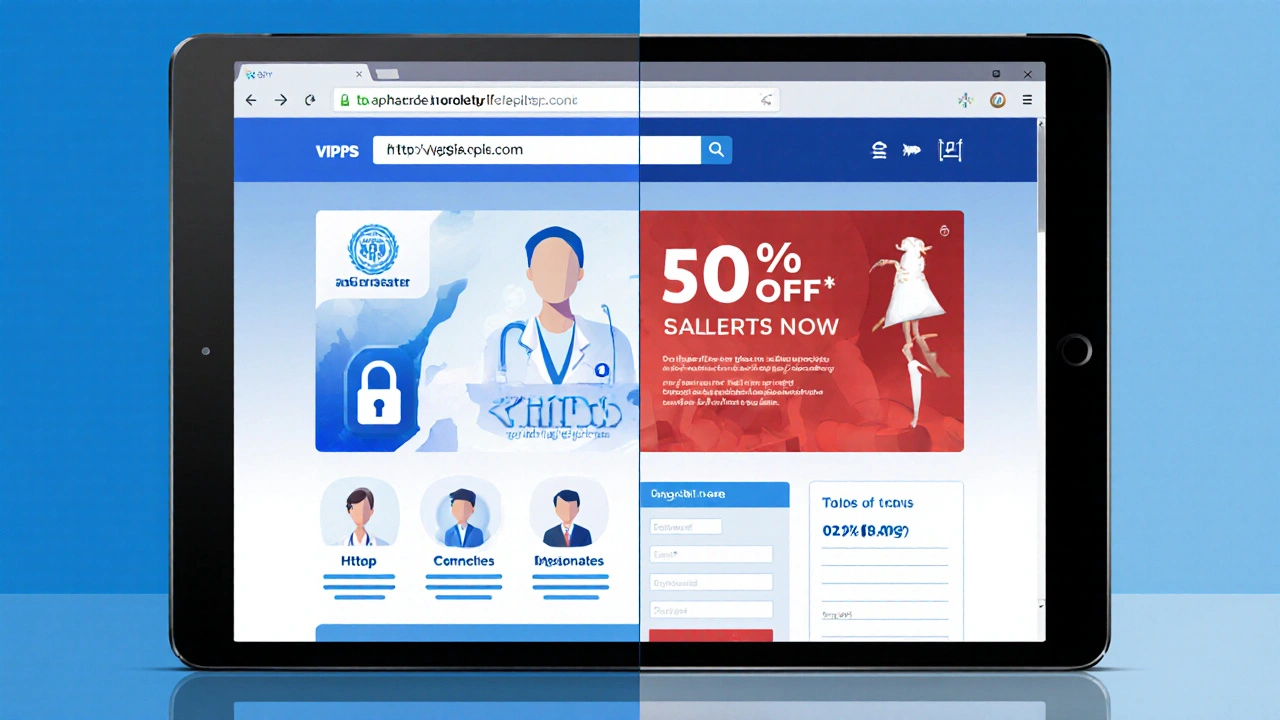 Side‑by‑side view of a secure pharmacy website and a suspicious site on a tablet.