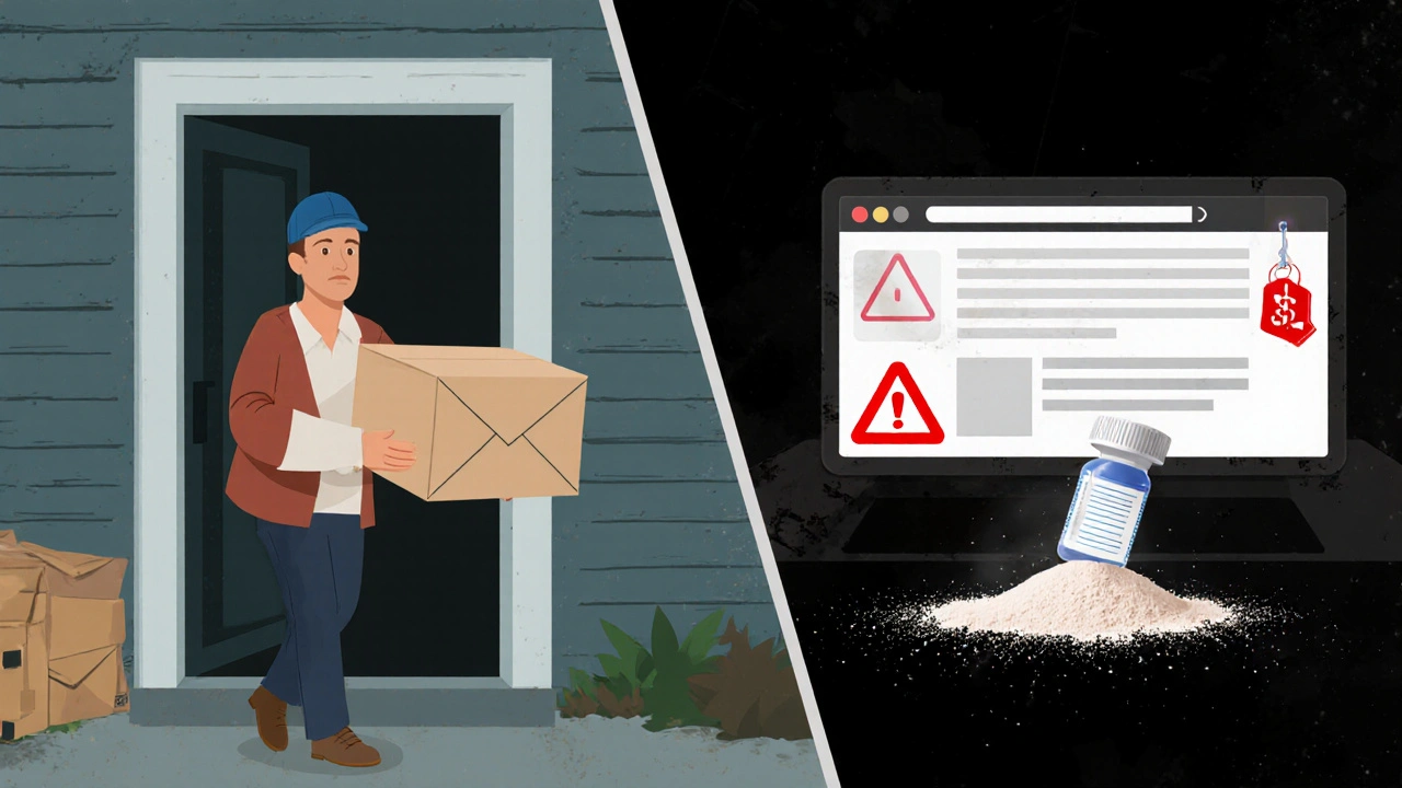 Side‑by‑side view of discreet envelope delivery versus a shady counterfeit drug site.