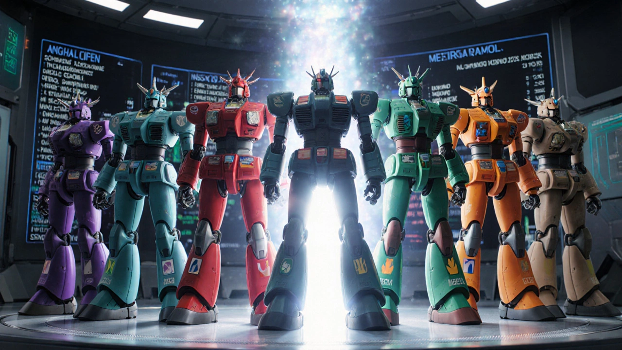 Six anime‑style mecha characters each embody a different muscle relaxant, lined up on a lab platform.