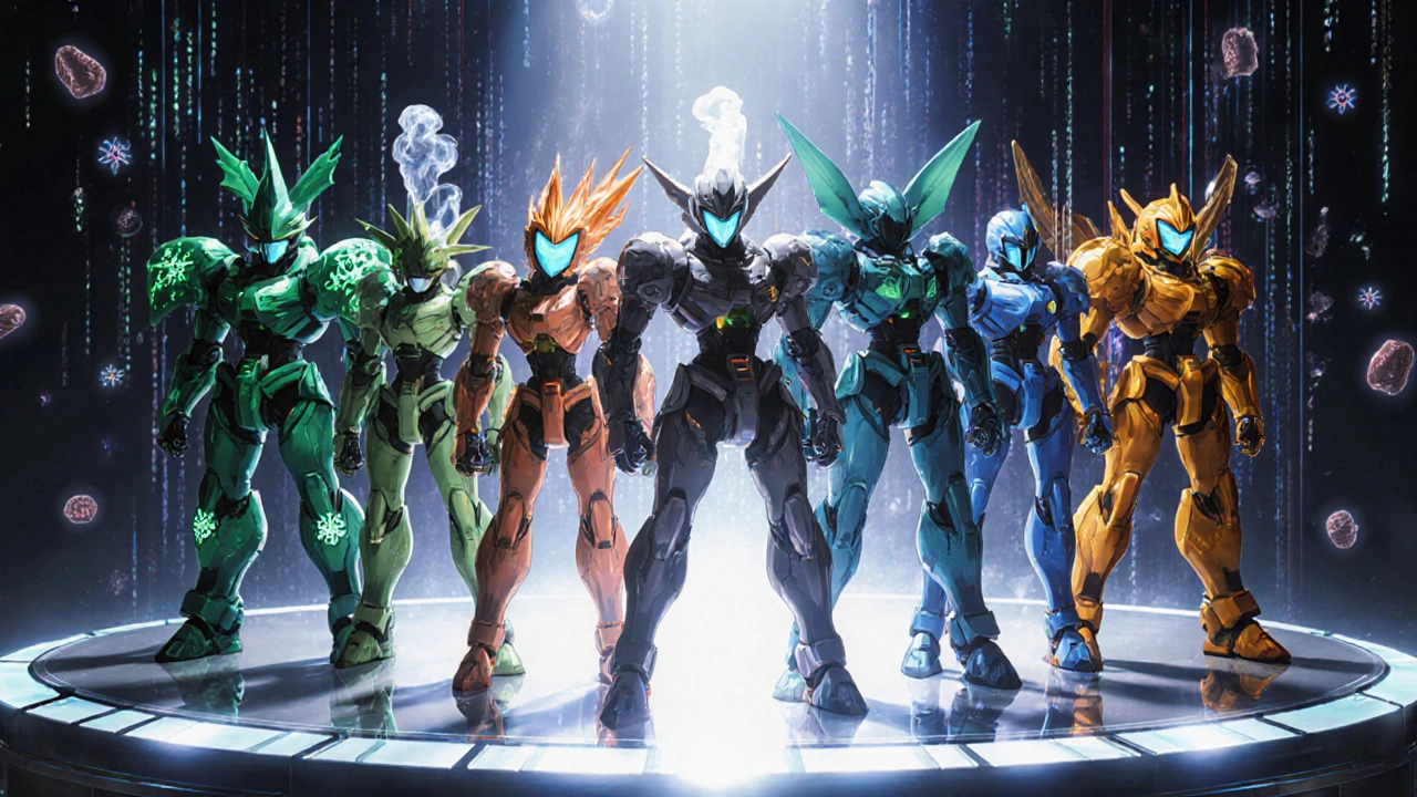 Six futuristic mech figures, each embodying a different herb, pose on a sleek platform.