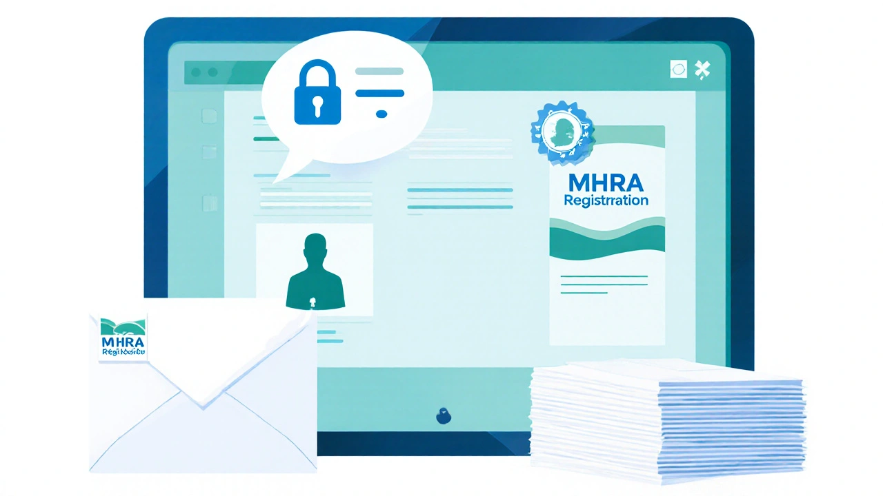 Tablet screen showing a secure UK pharmacy dashboard with pharmacist chat and MHRA badge.