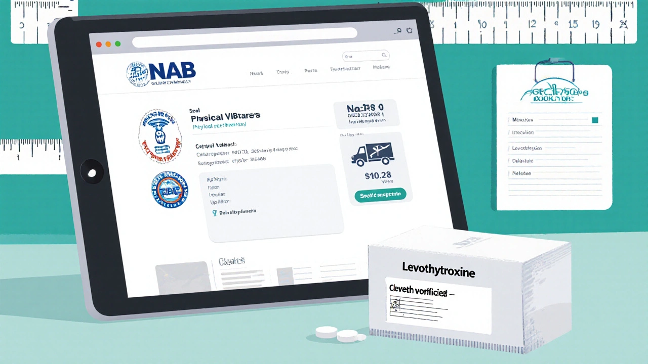 Tablet screen showing pharmacy verification seals next to a sealed levothyroxine shipping box.