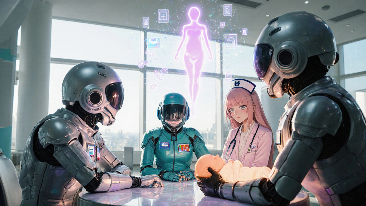 Team of specialist pilots around a holographic pregnant figure, with a nurse mech holding a newborn.