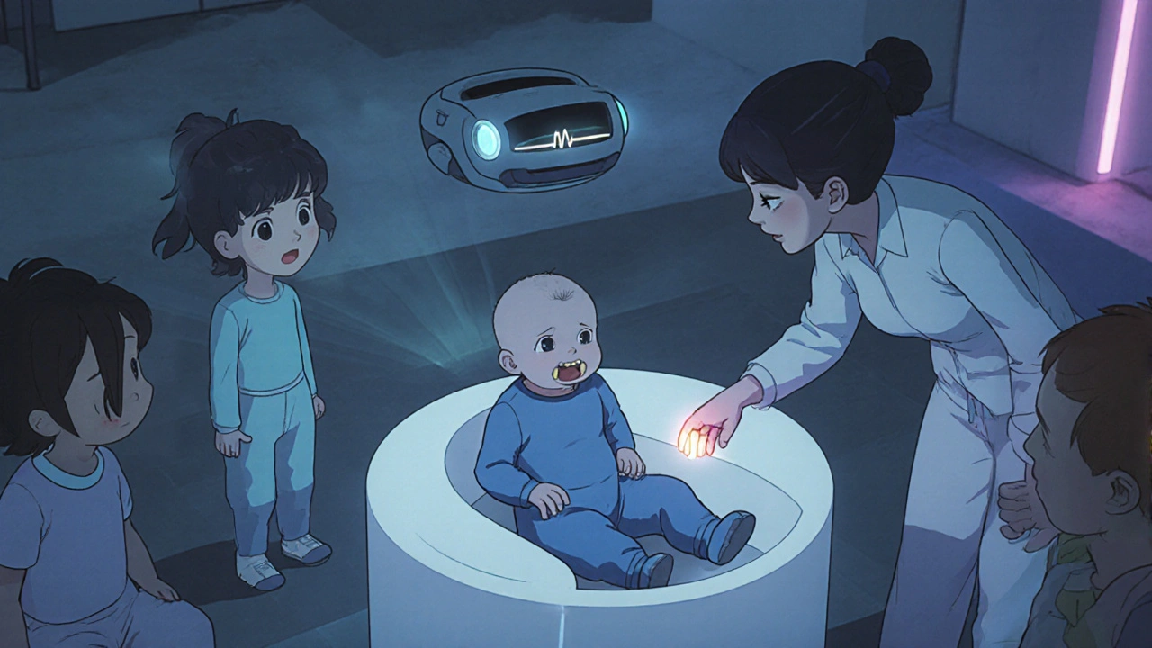 Teething infant looks away in a playgroup while caregiver offers a hovering mech assistant.