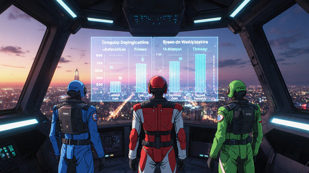 Three mecha pilots review a holographic chart comparing antiviral cost, dosage, and relief speed.