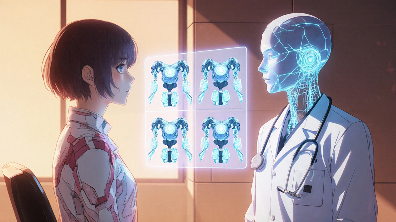 Woman in a clinic consulting a holographic doctor while hormone mecha icons rotate above.