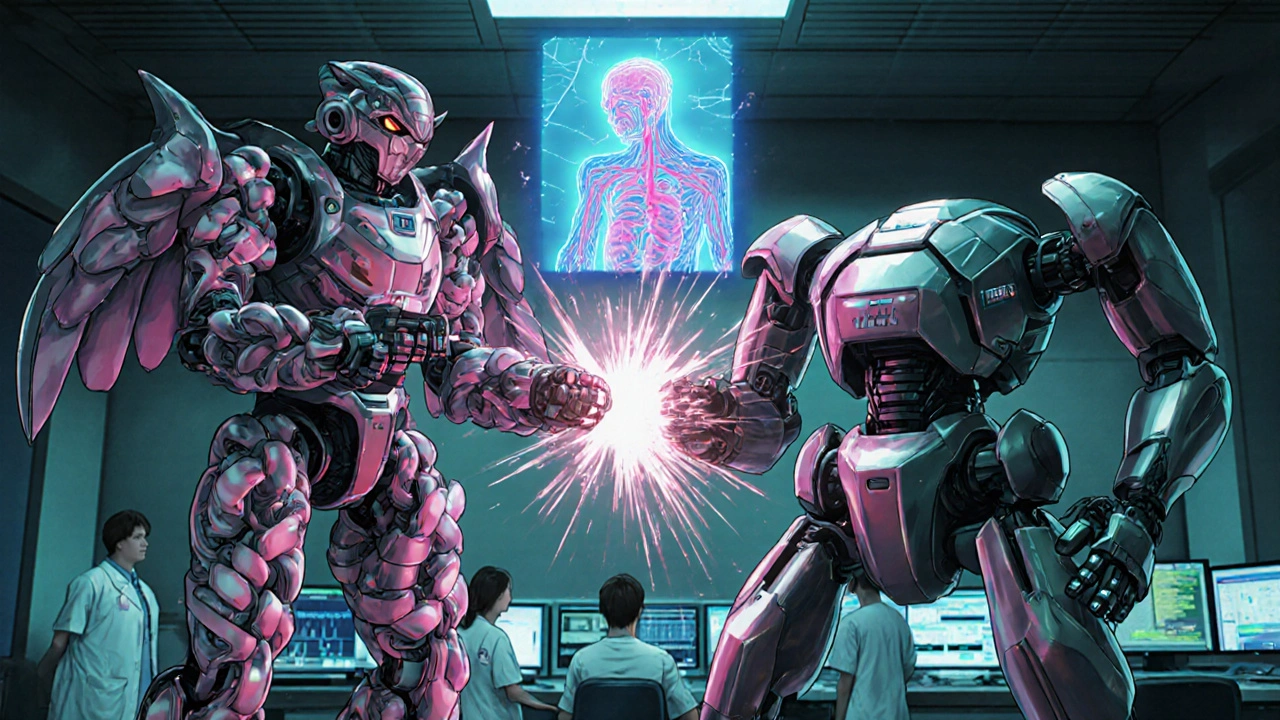 A biosimilar robot and generic drone struggle to connect with a branded R-CHOP unit, causing sparks and a flickering patient hologram.