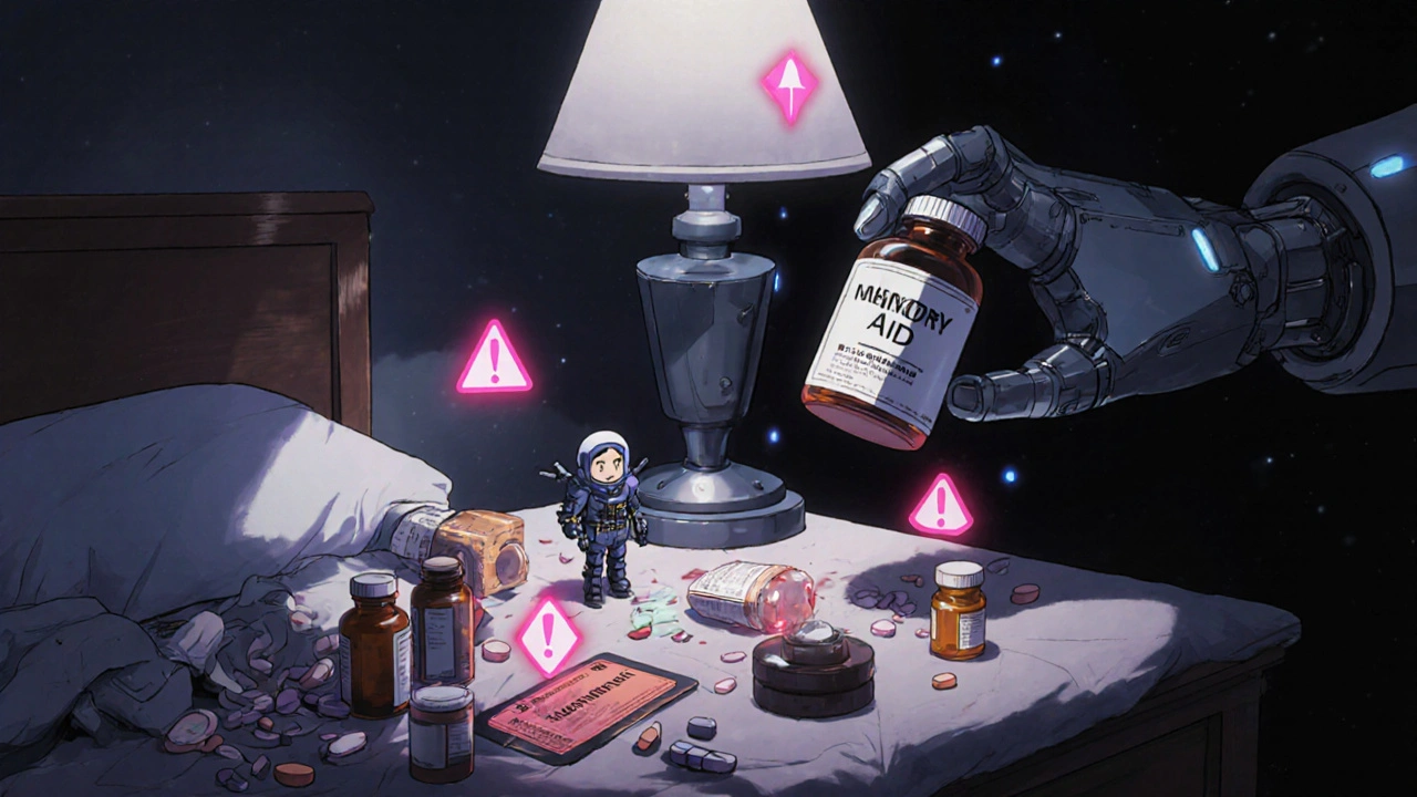 A cluttered nightstand with pill bottles and glowing capsules, one capsule piloted by a tiny mech, a giant robotic hand reaches in.