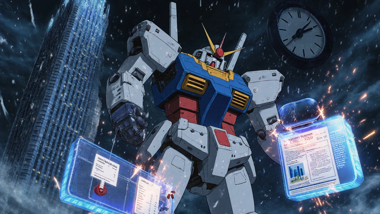 A corporate PBM mech manipulating drug tiers with digital strings, a patient&#039;s hologram pleading for help.