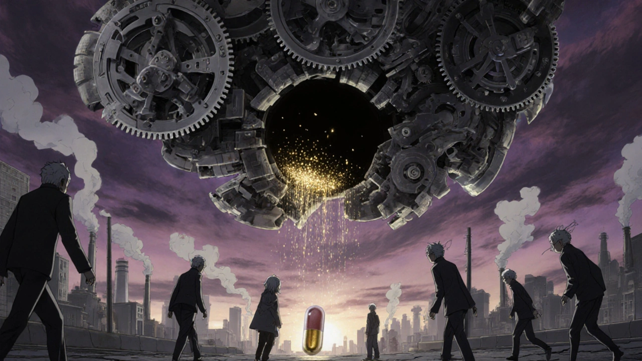 A crumbling clockwork brain drains golden particles as elderly figures walk slowly beneath a dystopian sky.