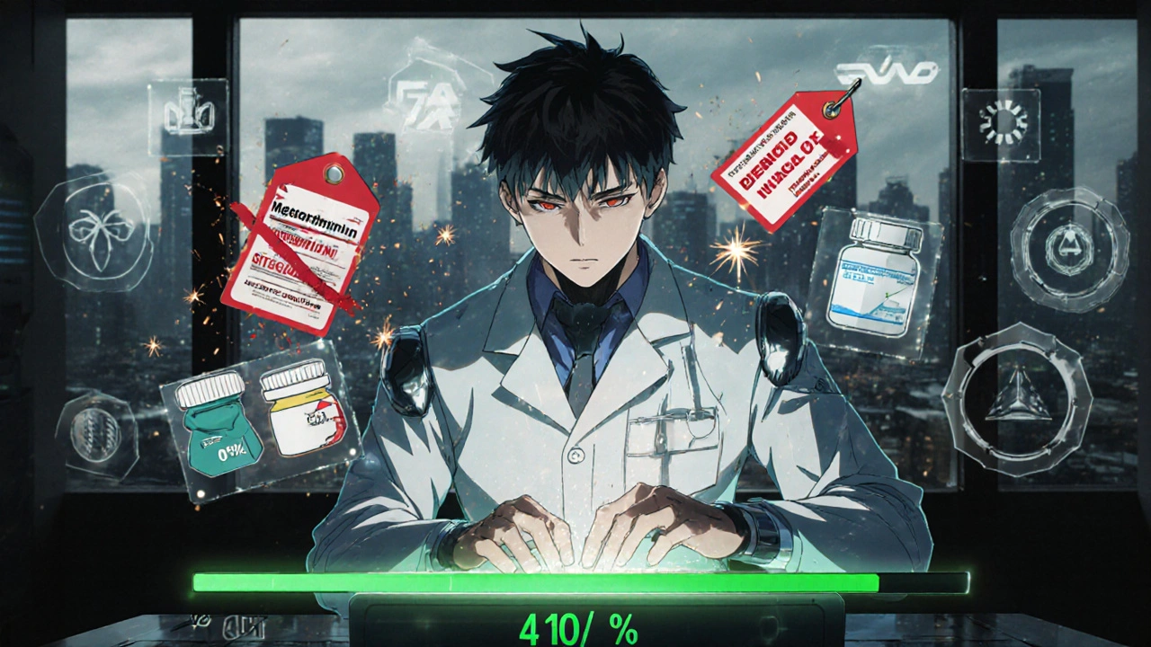 A doctor uses a holographic interface to submit generic drug requests, with denial tags exploding around them.